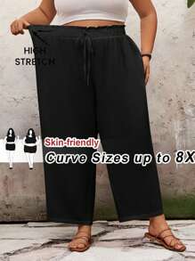 SHEIN CURVE+ Plus Size Casual Solid Color Loose Fit Long Pants Summer/Country/Beach Vacation - Black - View 8