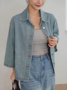 Dazy-Less 女式宽松经典复古牛仔衬衫，带水钻装饰，休闲装，短袖，春夏秋装，返校服，牛仔夹克，秋季女装 - 淺色水洗藍 - 查看 6