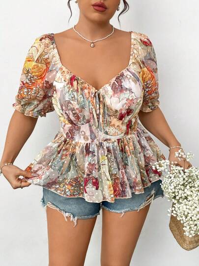 Lyrianda Plus Size Romantic Square Collar Waisted A-Line Blouse