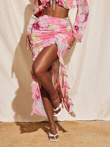 Becci Pink Floral Printed Chiffon Mid-Waist Ruched Ruffled Split Maxi Skirt Women Elegant Skirt