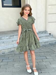 SHEIN Tween Girls' Casual Green Ditsy Floral V-Neck Ruffle Sleeve A-Line Short Sleeve Dress With Belt - Green - View 10