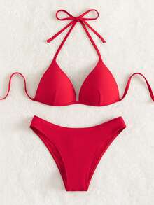 SHEIN Swim 2pcs Women's Summer Beach Solid Color Halter Tie Sexy Bikini Swimsuit Set, Underwired