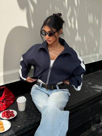 Muchica 女士秋冬休闲简约拼色短款夹克