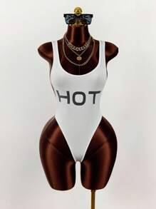 Amplova 女式字母印花露背紧身性感连体衣 - 白色 - 查看 3