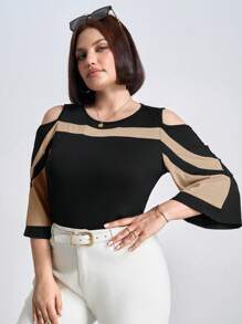 Chikora Plus Size Cut Out Shoulder Contrast Color Summer T-Shirt,Office - Khaki - View 3