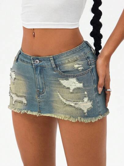 Jeanoix Stretchy Distressed Vintage Wash Sexy Fringe Hem Women Denim Mini Skirt