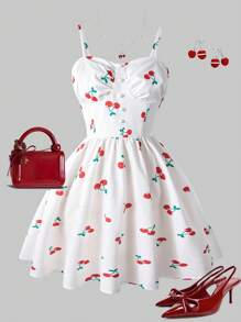 Vestido de mujer con tirantes finos en color blanco con estampado de cerezas, de estilo dulce y lindo, apropiado para uso en primavera y verano, de moda, ideal para citas, salir con amigos y ocasiones casuales - Blanco - Ver 3