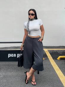 POPSWAY Calças elegantes e casuais de cintura alta, pernas largas, 7/10, para mulheres, com punhos dobrados, estilo solto, calças versáteis