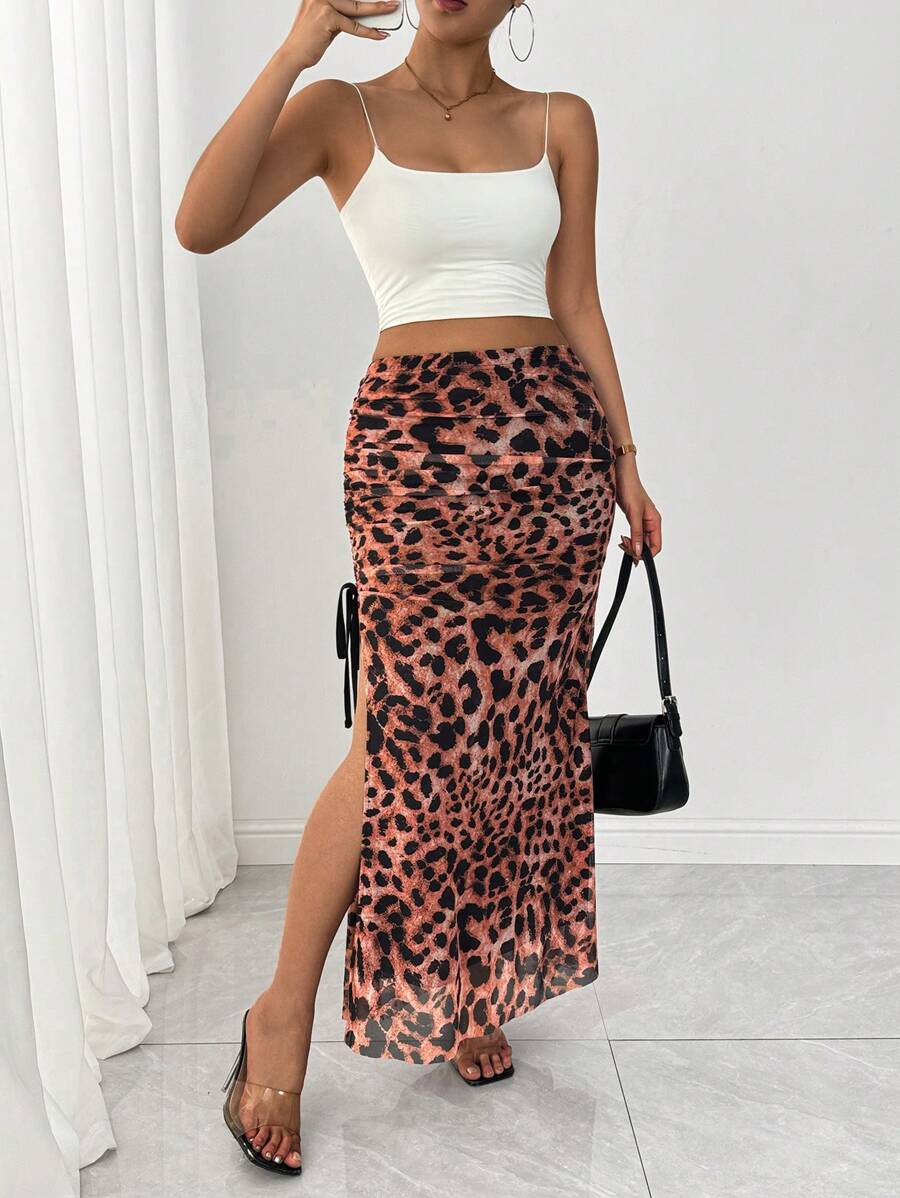 Gloray Women's Chiffon Leopard Print Drawstring Slit Elegant Skirt Fall Cloth For Women - Orange - View 1