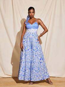 TIYA Floral Print Plunging Neck Wide Leg Tie Back Cami Jumpsuit Women Summer Vacation Wear - Blue - View 4
