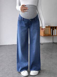 SHEIN Maternity Casual Loose Straight Leg Jeans With Patchwork Waistband - Dark Wash - View 6