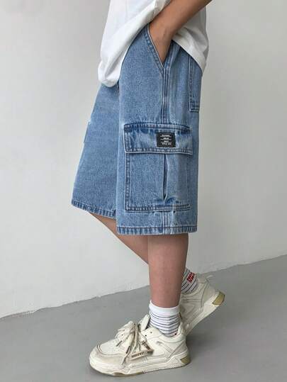 SHEIN Tween Boy Fashion Casual Y2k Vintage Cool The Workwear Pocket Design Features Blue Loose And Comfortable Workwear Denim Shorts For Kids Soft Dailywear And Kids Summer And Spring Rave Festival And Beach