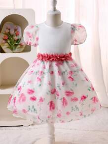 Glamorique Kids 女童花卉印花圆领泡泡袖轻盈柔软缎面花卉连衣裙，春夏 - 粉色 - 查看 5