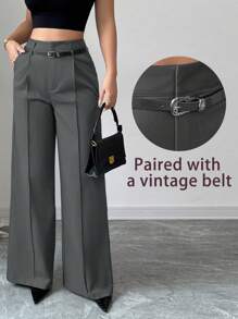 SHEIN PETITE 早春新款高腰勃艮第直筒裤搭配复古腰带，优雅设计适合日常和工作穿着女士夏装阔腿裤高腰裤灰色裤子女正装裤办公室裤