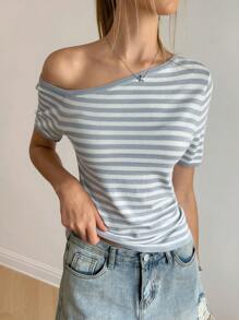 Jouncy Asymmetrical Shoulder Striped Casual Short Sleeve T-Shirt, Women Slim Fit Summer Tops - Grey - View 4