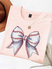 INAWLY Baseball Mom Shirt, Colorful Baseball Bow Comfort Shirt, Baseball Game Day T-Shirt, Baseball Season Shirt, Baseball Fan Shirt, Sports Mom Round Neck Women Graphic Tee - Baby Pink - View 1
