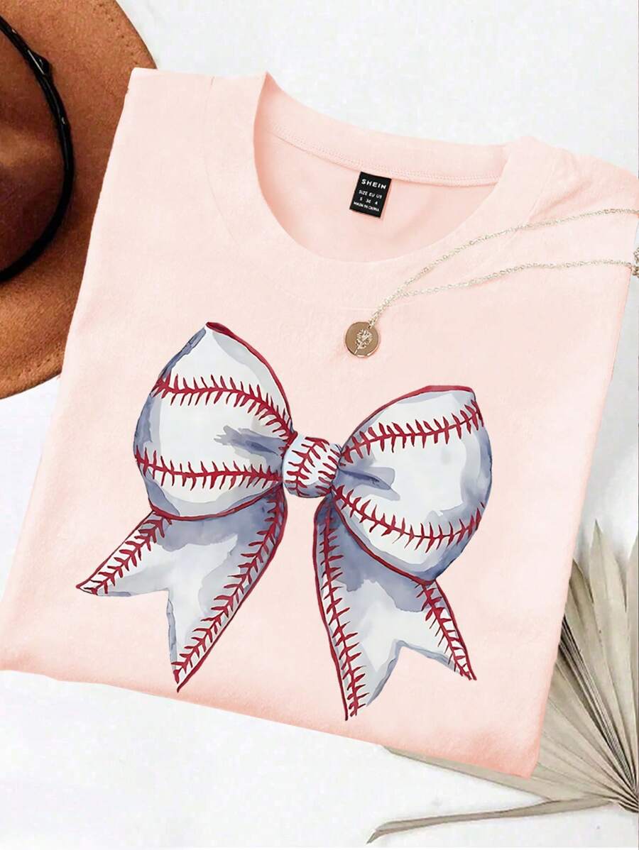 INAWLY Baseball Mom Shirt, Colorful Baseball Bow Comfort Shirt, Baseball Game Day T-Shirt, Baseball Season Shirt, Baseball Fan Shirt, Sports Mom Round Neck Women Graphic Tee - Baby Pink - View 1