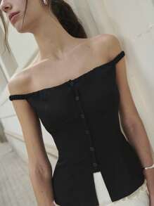 Nöista 露肩上衣，夏季肩部松紧带设计，正面纽扣闭合，适合度假穿着，7月4日主题上衣 - 黑色 - 查看 6