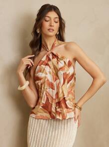 L'Amorae Women Halter Neck Boho Linen Printed Casual Summer Vacation Top