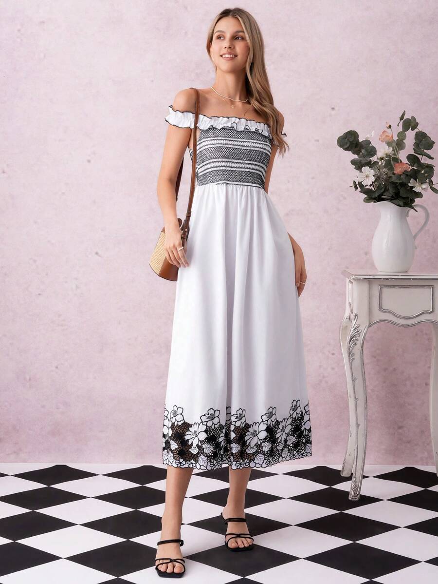SHEIN Clasi Vestido elegante cinturado de cintura con bordado floral, con tirantes convertibles de hombros al descubierto, estilo romántico francés, para mujer, adecuado para citas, salidas, vacaciones, banquetes, fiestas, bodas, Día de la Madre, Día del Maestro, festivales de música. Lanzamiento de verano 2025