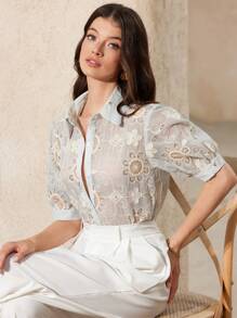 GENKIRA Nouvelle blouse d'été à manches courtes minimaliste avec décor de sequins en organza française brodée, pour le travail - Multicolore - Voir 3