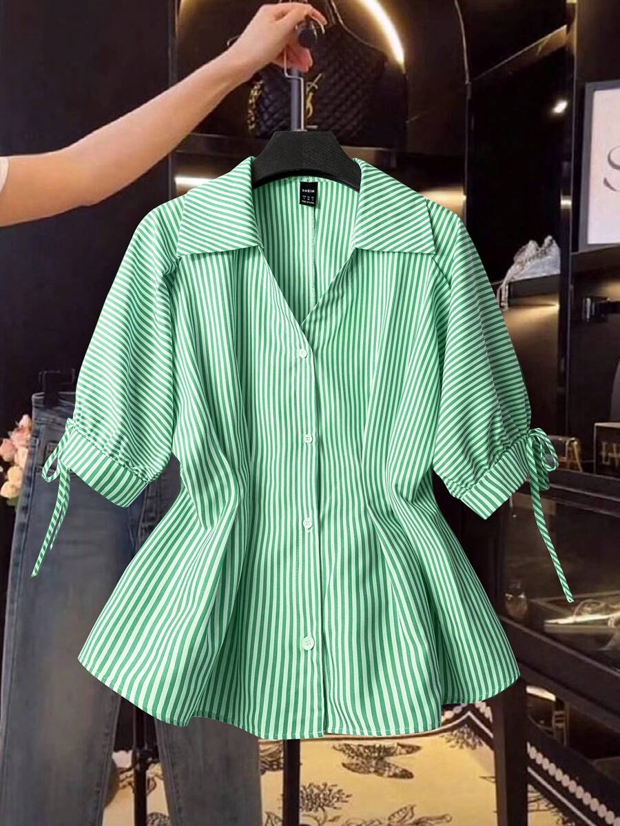 SHEIN LUNE 1pc Elegant Short Sleeve Striped Blouse, Slim Waist Puff Sleeve Top, Suitable For Women - Green - View 1