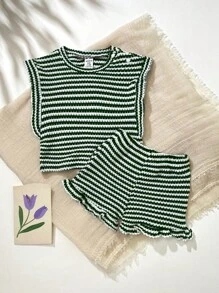 SHEIN 2件套女婴0-3岁春夏休闲日常度假黑白条纹荷叶袖圆领T恤和短裤套装 - 彩色 - 查看 1
