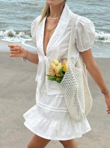 Jouncy 2pcs/Set Women Lace Trim Blouse And Mini Skirt Set, Casual And Feminine - White - View 4