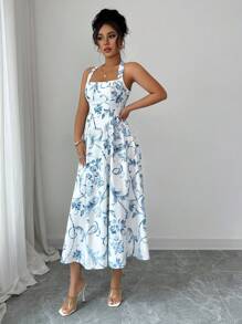 Elenzga Women Summer Vacation Dress, Blue Floral Pattern, Woven Square Neck Backless Sleeveless Fitted Waist Midi Dress - White - View 6