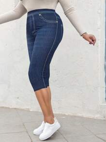 SHEIN LUNE Plus Size Women Printed Skinny 7/8 Jeggings Casual Capri Pants, High Elasticity