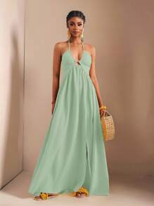 Zivah 新款春夏休闲假日露背露肩胸围、腰围和后背摆裙，前开叉至大腿，黄色海条纹女式超长连衣裙-B - 綠色 - 查看 7