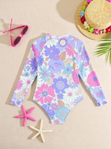 New Design All-Over Flower Pattern One-Piece Swimsuit For Tween Girl - Purple - View 2