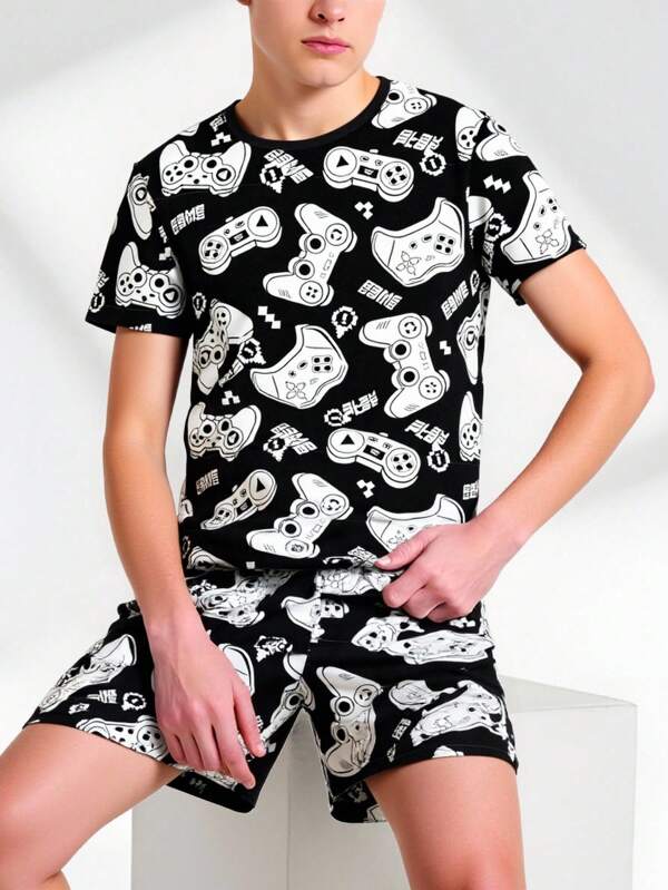 GraphicGems Tween Boys Pajama Set, Black Video Game Print Elastic Short Sleeve Top & Shorts, Snug Fit Loungewear