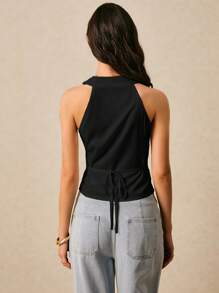 Poéselle 女士优雅V领无袖束带修身背心衬衫 - 黑色 - 查看 7