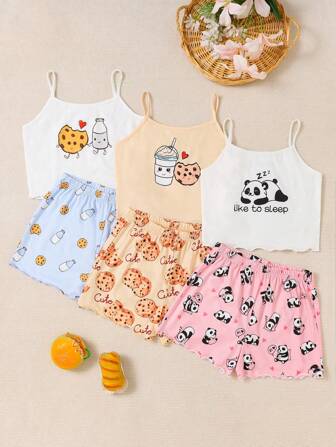 SHEIN 6 pièces Ensemble de pyjamas d'été casual pour jeunes filles avec motifs de desserts mignons et de pandas, comprenant un débardeur et un short