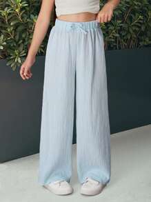 SHEIN Tween Girl Textured Fabric Loose Wide Leg Pants With Drawstring Elastic Waistband - Blue - View 1
