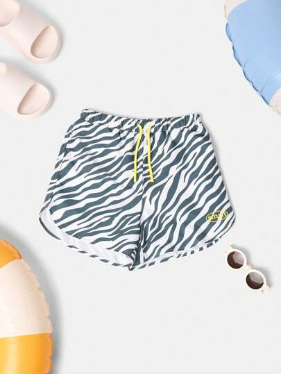 SUMWON 青少年男童斑马纹泳裤夏季沙滩泳池中长短裤带抽绳可调节腰部泳裤