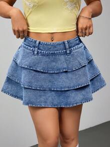 SHEIN ICON Chân váy denim mini thường ngày cho nữ có viền xếp nếp nhiều lớp, mùa hè - Màu xanh lam - Xem 1