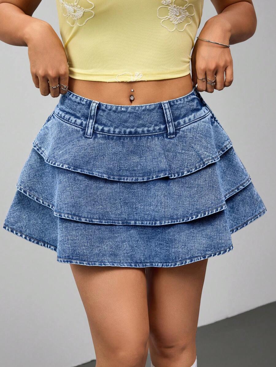 SHEIN ICON Chân váy denim mini thường ngày cho nữ có viền xếp nếp nhiều lớp, mùa hè - Màu xanh lam - Xem 1