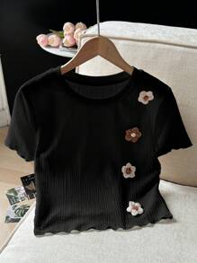 SHEIN Áo thun nữ tay ngắn họa tiết hoa trang trí đơn giản - màu đen - Xem 7