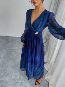 Modelyn Rochie cu imprimeu floral și nasturi în față, vopsită în tie-dye - Albastru - Vizualizare 3
