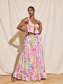 Becci Summer Floral Printed Satin Ruffle Straps Top And Elastic Waist Maxi Skirt Set Elegant Co-Ords