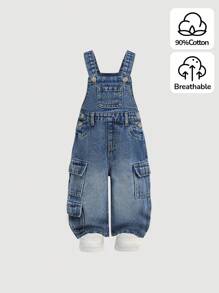 SHEIN 女婴休闲街头风格翻盖口袋蓝色牛仔背带裤 - 淺色水洗藍 - 查看 1