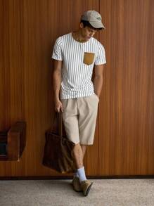 Manfinity VCAY 男士 T 恤合身圆领短袖休闲复古夏季涤纶 T 恤 - 駝色 - 查看 5