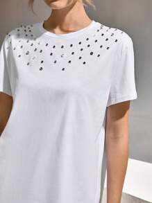 CLARA VERO Rhinestone Detail Round Neck Tee - White - View 6