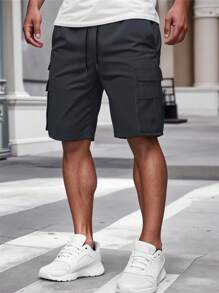 Manfinity Homme Men's Utility Drawstring Pockets Loose Casual Summer Cargo Shorts Casual - Dark Grey - View 5