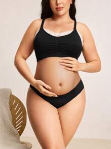 Plus Size Lace Patchwork Contrast Color Adjustable Strap Maternity Nursing Bra - Black and White - View 3