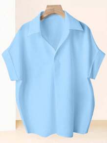 Franclia 女式简约设计宽松蝙蝠袖翻领纯色短袖衬衫 - 藍色 - 查看 3