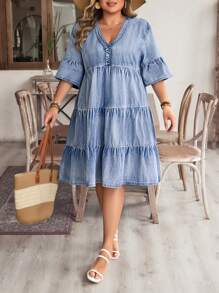 EMERY ROSE Plus Size Women Casual Vacation Style Washed Light Blue Non-Stretch Denim Jumpsuit Dress - Light Wash - View 1