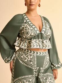 CAJUNI Plus Size Women's Boho Green & Beige Tropical Plants Retro Print Deep V-Neck Lantern Sleeve Tie Front Blouse, Vacation Casual Beach Long Sleeve Cropped Top - Multicolor - View 6